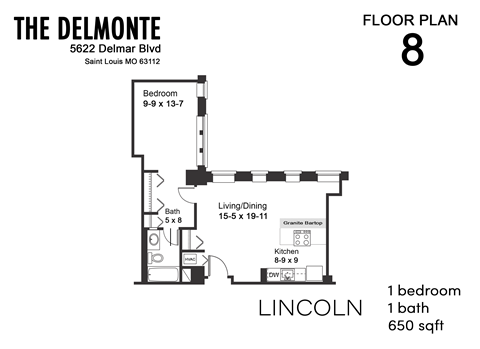 Floor plan for 1 bed, 1 bath, 650 sqft